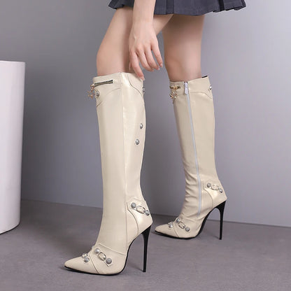 Plus Size Rivet Metal Zipper Decoration Punk Sexy Knee High Boots Pointed Tips Ultra-High Thin Heels Plush Women's Boots 2024