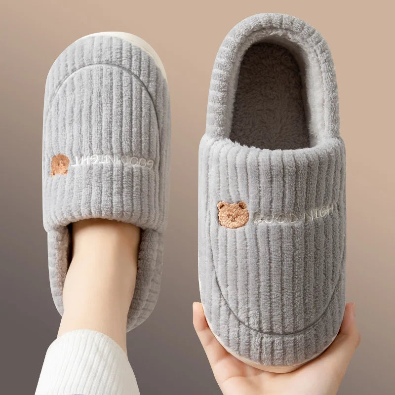 Evshine Women Slippers Cartoon Bear Mens Slippers Winter Warm Home Shoes Bedroom Casual Couple Slippers Comfort Cotton Slippers