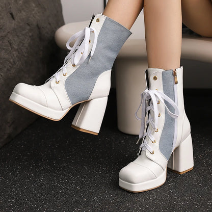 Plus Size Denim Patchwork PU Cross Tie Side Zipper Square Toe Extra High Thick Heel Mid Length Boots Platform Fashion Boots