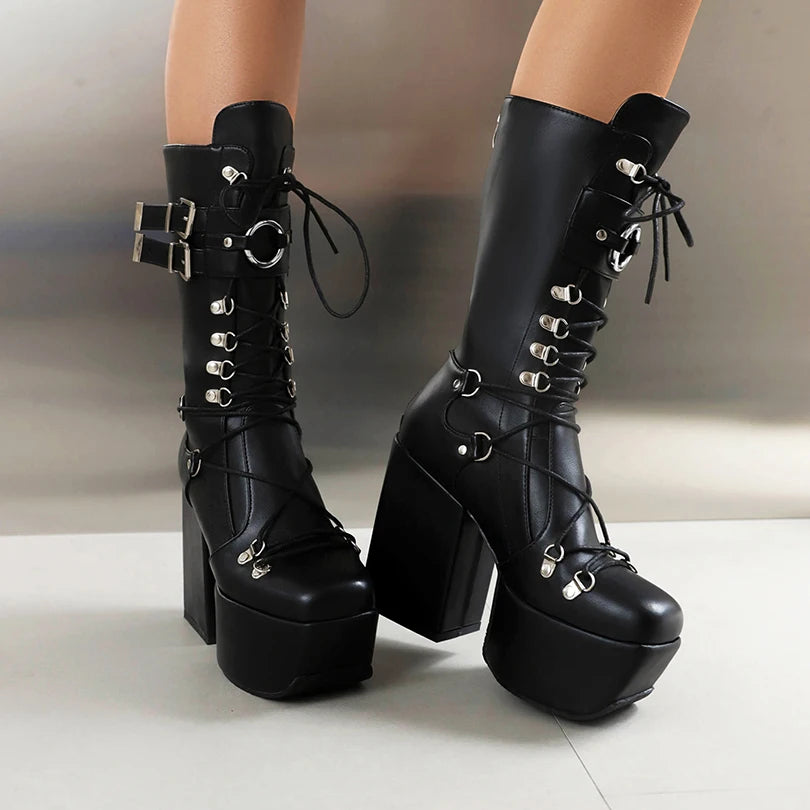 Plus Size Square Toe Ultra High Platform Metal Punk Mid Tube Boots With Cross Tie Back Zipper Plush Lining For Women's Boots