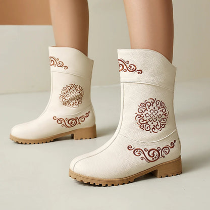 Ethnic Style Embroidery Floral Wood Grain Thick Heel Breathable Inner Short Boots Slip-On Minimalist Style Women's Boots