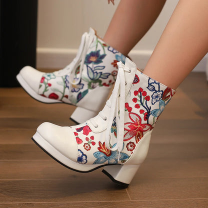 Embroidered Flower Lace Up Women's Short Boots With Round Toe Waterproof Platform Print, Simple Casual Boots With Medium Heels