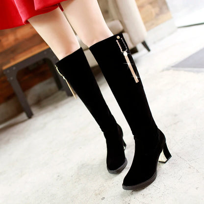 2024 Metal Tassels Pearls Cute And Sweet Women's Knee-High Boots Frosted Flock Thick Heels Slip On Winter Long Boots