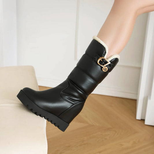 Slope Heel Flat Bottom Metal Belt Buckle Thick Plush Lining Winter Long Tube Women's Boots Platform Sponge Sole Knee High Boots