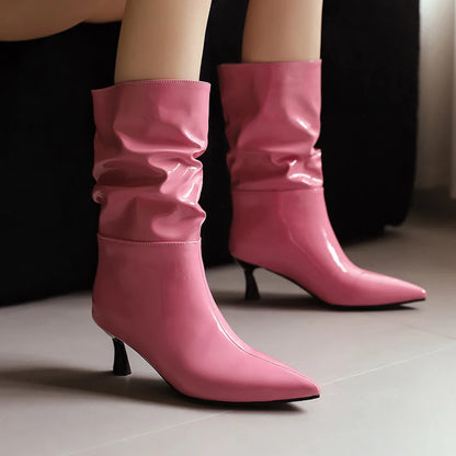 Plus Size Glossy Paint Leather Upper Macaron Color Pointed Slip-On Mid-calf Boots Sewing Shaped Heels Concise Women's Boots