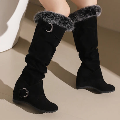 Fur Splicing Frosted Flock Material Double Row Metal Belt Buckle Knee High Boots Round Toe Sloping Heel Flat Bottom Warm Boots