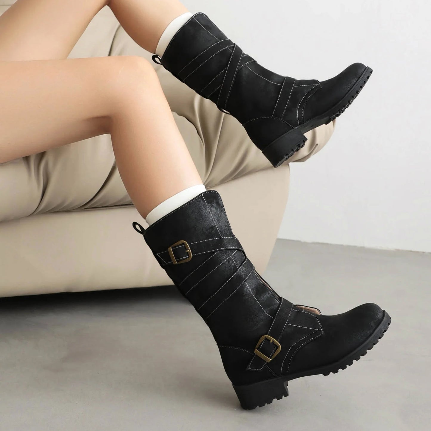 Plus Size Cross Tie Double Row Buckle Thick Heeled Western Boots Classic Retro Frosted Microfiber Material Women's Mid-Calf Boot