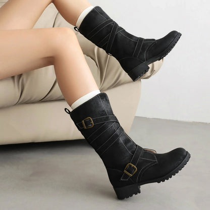 Plus Size Cross Tie Double Row Buckle Thick Heeled Western Boots Classic Retro Frosted Microfiber Material Women's Mid-Calf Boot