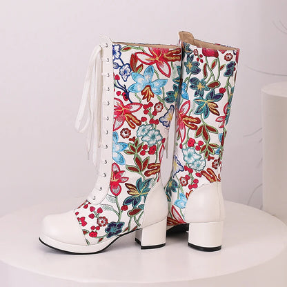 Cross Lace Up Printing Fashion Sweet Women's Knee Length Boots Embroidered Flower Thick Heel Waterproof Platform Winter Boots