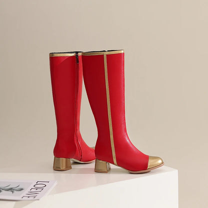 2024 Plus Size Gold Toe Cap National Style Color Blocking Knee High Boots Round Toe Thick Heel Zipper Plush Lining Women's Boots