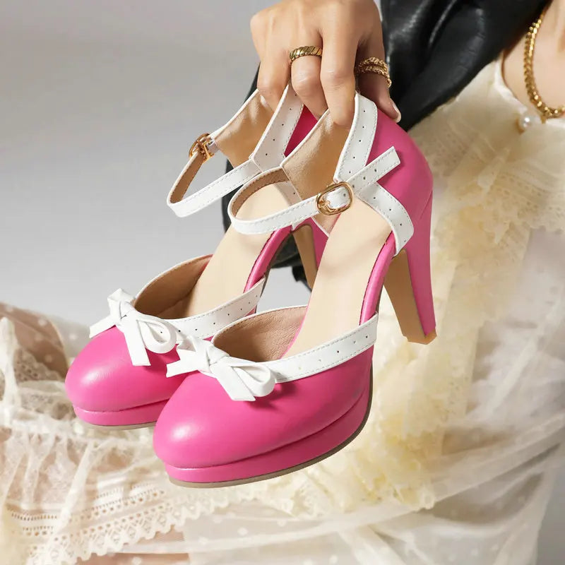 White Pink Contrast Color Striped Closed Toe Korean Style Lovely Girls Mary Janes Summer Pumps Wedding Shoes Bride Heels Sandals