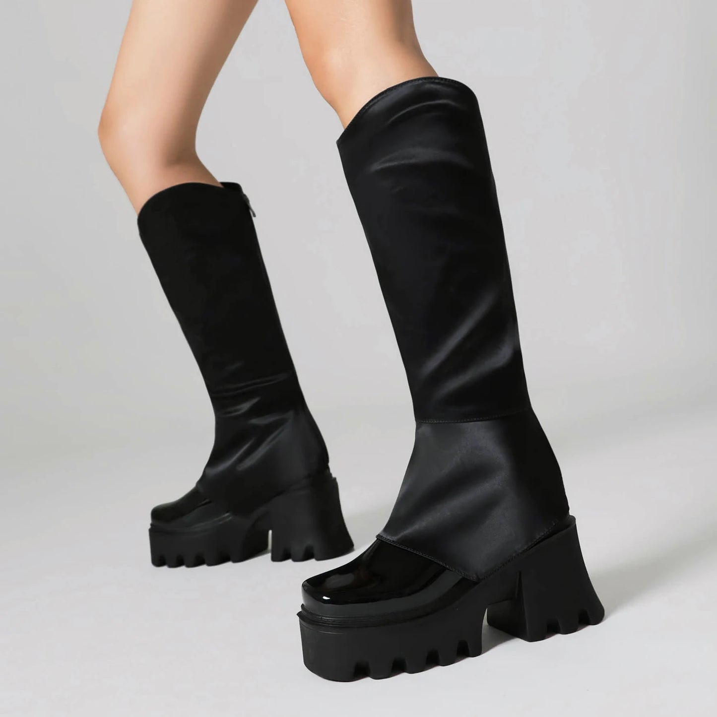 Soft Elastic Fabric Stitching Shiny Patent Leather Square Toe Extra High Height Thick Heel Knee High Boots Platform Zipper Boots