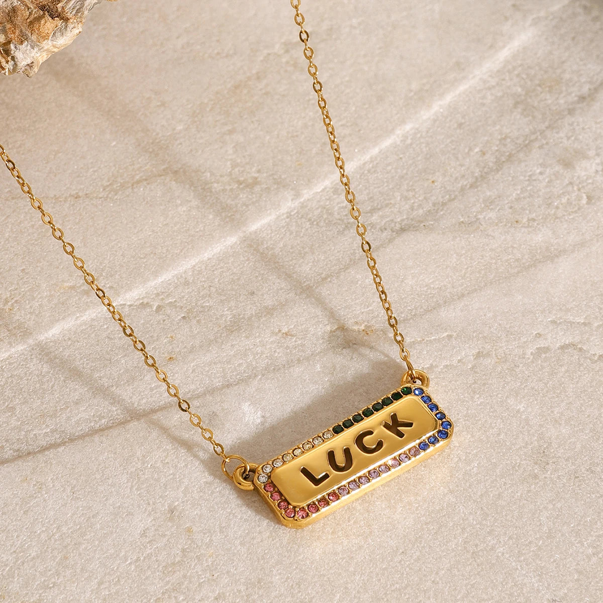 Youthway 18k Gold Stainless Steel Colored Rhinestone Letters LUCK Square Pendant Necklace For Women Anti Allergic Jewelry