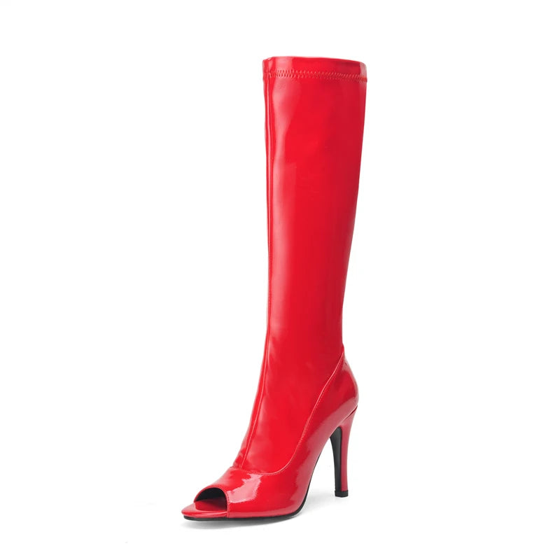 Plus Size Glossy Patent Leather Material Spring Breathable Peep Toe Knee High Boots Zipper Ultra-High Slim Heel Sexy Long Boots