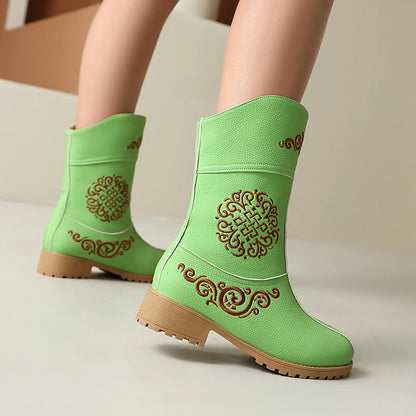 Ethnic Style Embroidery Floral Wood Grain Thick Heel Breathable Inner Short Boots Slip-On Minimalist Style Women's Boots