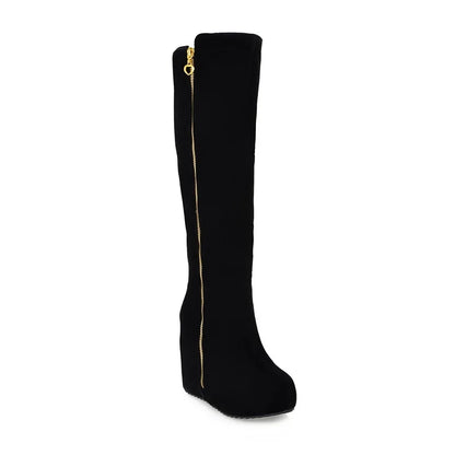 Frosted Flock Material Lamb Thick Plush Warm Long Boots Flat Bottom Slope Heel Side Zipper Women's Knee-High Boots 2024