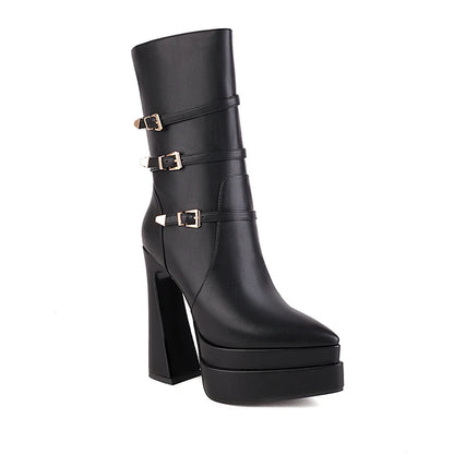 Three-Row Metal Belt Buckle Ultra-High Profiled Hollow Heel Catwalk Women's Boots Pointed Toe Three-Layer Platform Mid-Boots