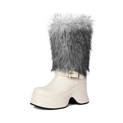 Fur Splicing PU Thick Soled Sponge Cake Heel Ankle Metal Belt Buckle Thick Plush Mid-calf Boots Height Increasing Snow Boots