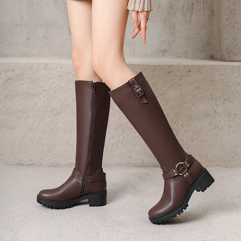 Non Slip Rubber Thick Heel Side Zipper Metal Belt Buckle Rivet Knight Boots Breathable Microfiber Lining Women's Knee High Boots