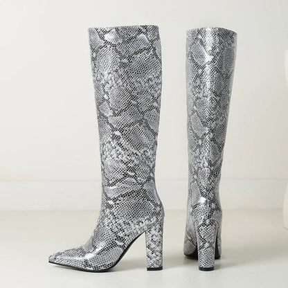 Knee Length Boots For Women With Pointed Ultra-High Thick Heels Snake Pattern New Breathable Sexy Fashion Boots For Autumn 2024