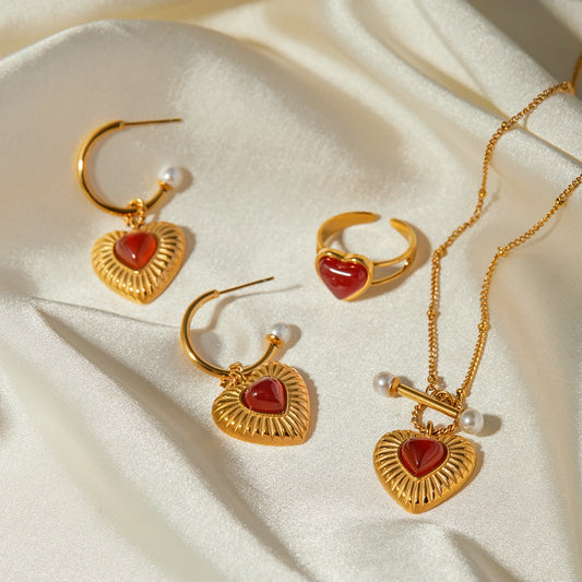 Youtthway Red Agate Heart Stainless Steel Jewelry Sets Gold Plated Necklace Heart Ring And Anti Allergic Earrings Sets For Gifts