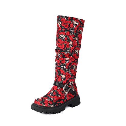 Red Flower Pattern Rivet Metal Belt Buckle Women's Knee High Boots Round Toe Thick Heel Waterproof Table Leopard Print Boots