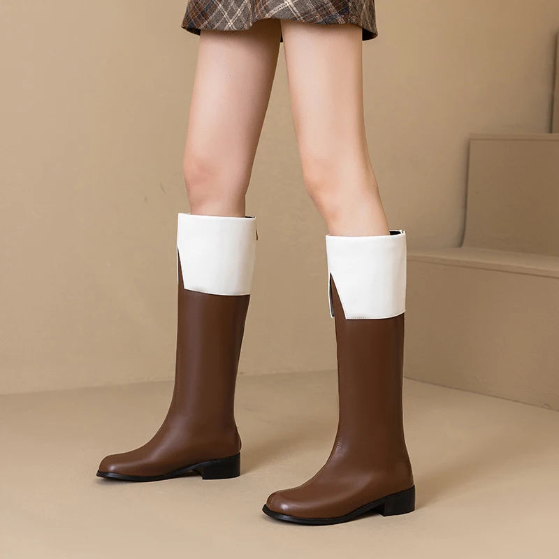 Plus Size Flanged PU Round Toe Mid Heel Zipper Knight Boots Brown Color Blocked White Women's Knee High Boots