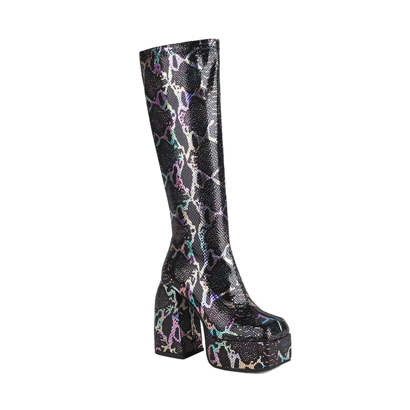 Plus Size Square Toe Platform Super High Thick Heel Snake Print Knee High Boots Popular Zebra Print Side Zipper Women's Boots