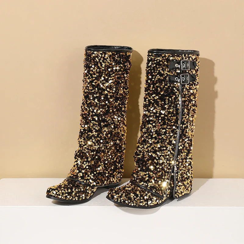 Circle Glitter Flipped Zipper Mid-Calf Boots