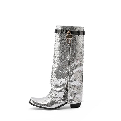 Flipped Zipper Metal Lock Glitter Round Illuminated Patch Fashion Show Boots Bling Bling Color Changing Knee High Boots