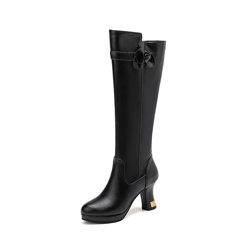 Round Headed Platform Ultra-High Thick Heel Side Zipper Breathable Autumn New Knee High Boots Flower Decal Office Knight Boots