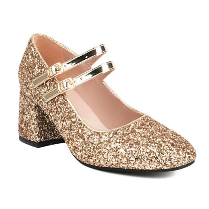 Sequin Gold Silver Glitter Women Square Chunky High Heeled Shoes Bling Party Wedding Woman Pumps Big Size 33-48 Mary Janes Heels