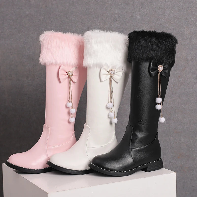 Metal Chain Bow Zipper Lolita Knee Boots For Girls With Heart-Shaped Pearl Decoration Fur Patchwork PU Low Heel Cute Sweet Boots