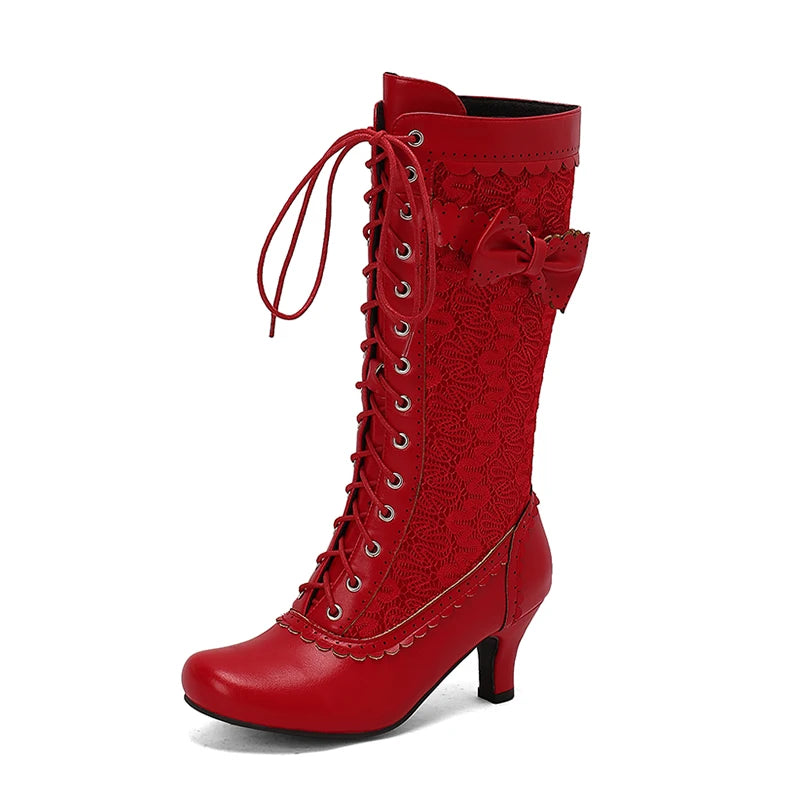 Plus Size Ruffled Lace Patchwork PU Cat Heel Mid Length Boots With Cross Tie Bow And Side Zipper New Women's Mid-Calf Boots