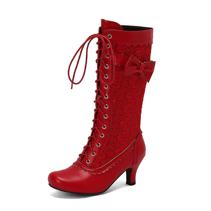 Plus Size Ruffled Lace Patchwork PU Cat Heel Mid Length Boots With Cross Tie Bow And Side Zipper New Women's Mid-Calf Boots