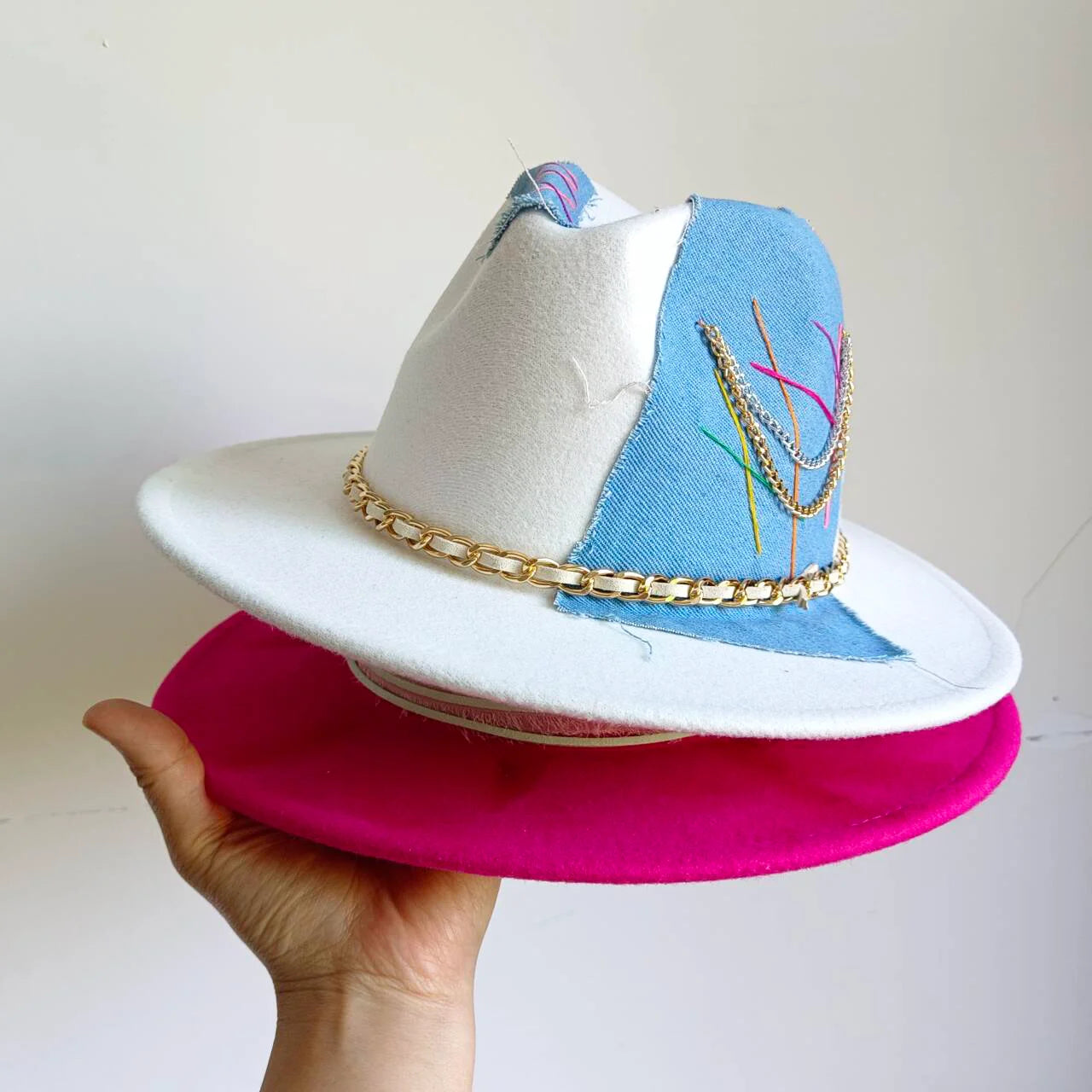 chapeu Handmade irregularly sewn denim patch Fedora hat