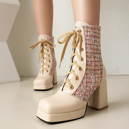 Tweed PU Leather Mixed Color Square Toe Block High Heels Women Shoes Winter Fall Platform Lace-up Motorcycle Ankle Goth Boots