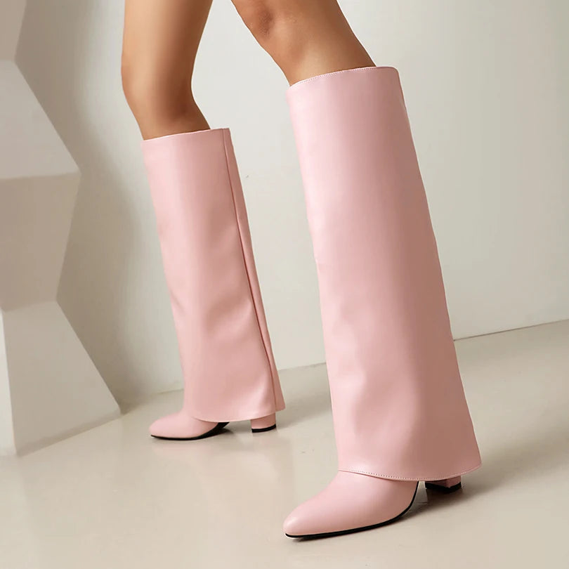 Sharp Pointed Ultra-High Square Heel Turned Over Edge Breathable Inner Knee Boots Slip-On British Style Fashion Trend Long Boots