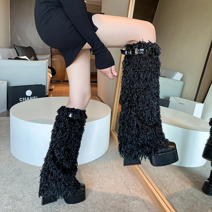 2024 Plus Size Ostrich Hair Splicing PU Fashion Fashion Women's Knee High Boots Square Toe High Platform Exaggerated Art Boots