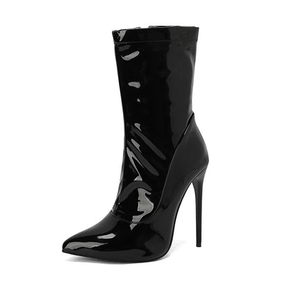 Plus Size Glossy Patent Leather Pointed Side Zipper Ultra-High Slim Heel Socks Boots Sewing Purple Mid Length Boots