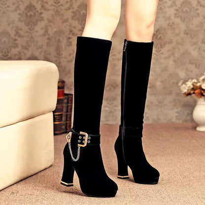 Ankle Metal Belt Buckle Metal Chain Frosted Flock Women's Elastic Boots