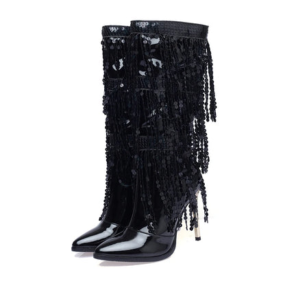 Plus Size Bright Laser Pattern Patent Leather Rhinestone Fringed Catwalk Boots Pointed Toe High Metal Stiletto Heel Knee Boots