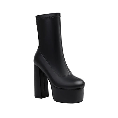 Plus Size Round Toe Super High Thick Heel High Platform Back Zipper Fashion Women's Boots Breathable Inner Elastic Boots