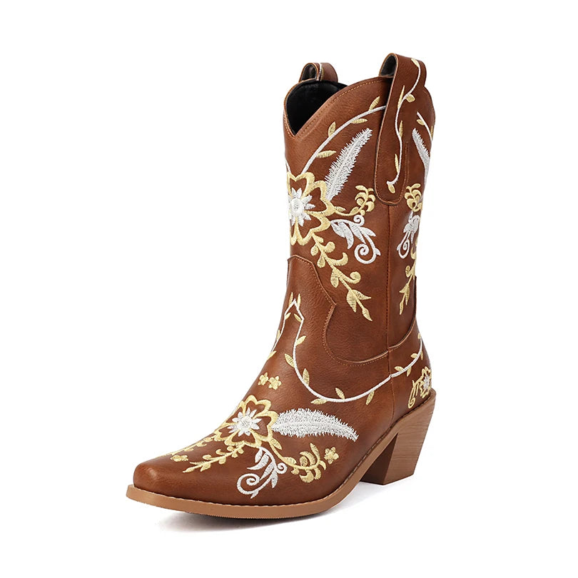 Plus Size Metal Leather Microfiber Upper Embroidered Thick Heel Fashionable New Mid-Calf Boots Breathable Western Boots