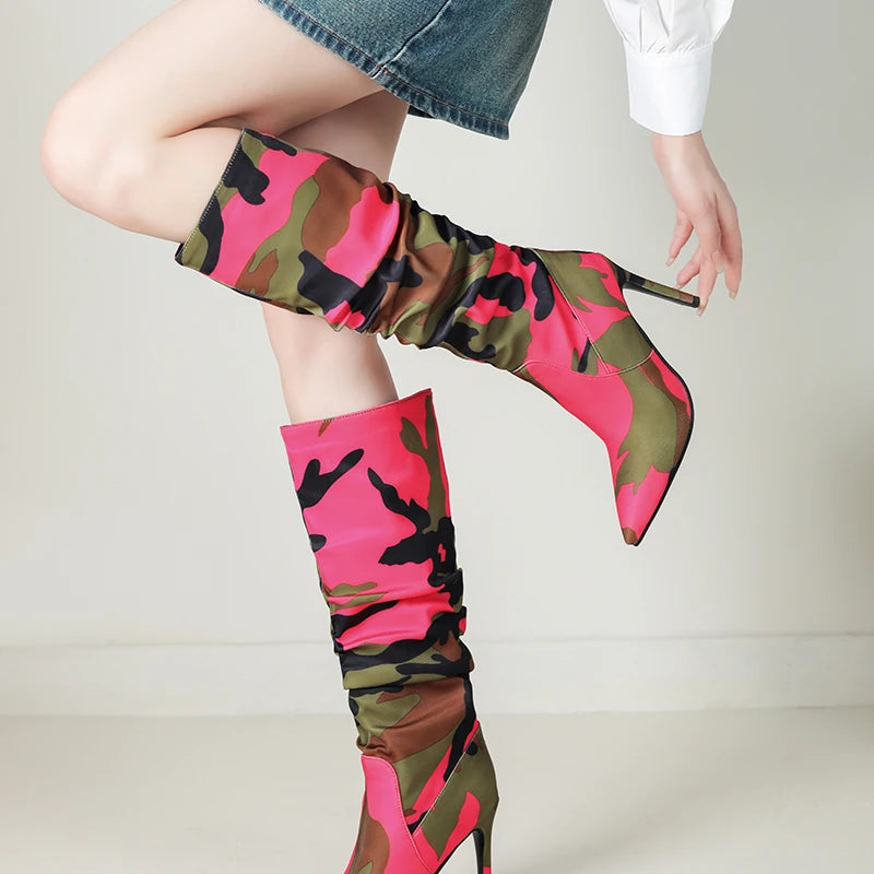 Camouflage Pointed Ultra-High Slim Heels For Women's Fashion Boots Mixed Colors For Women's Knee Length Boots