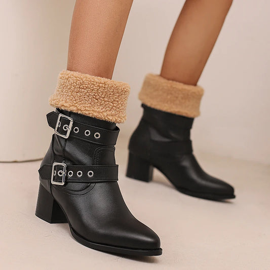 Plus Size Frosted Float Material Double Row Metal Belt Buckle Flipped Edge Sponge Cake Plush Lining Women's Mid-Calf Boots 2024