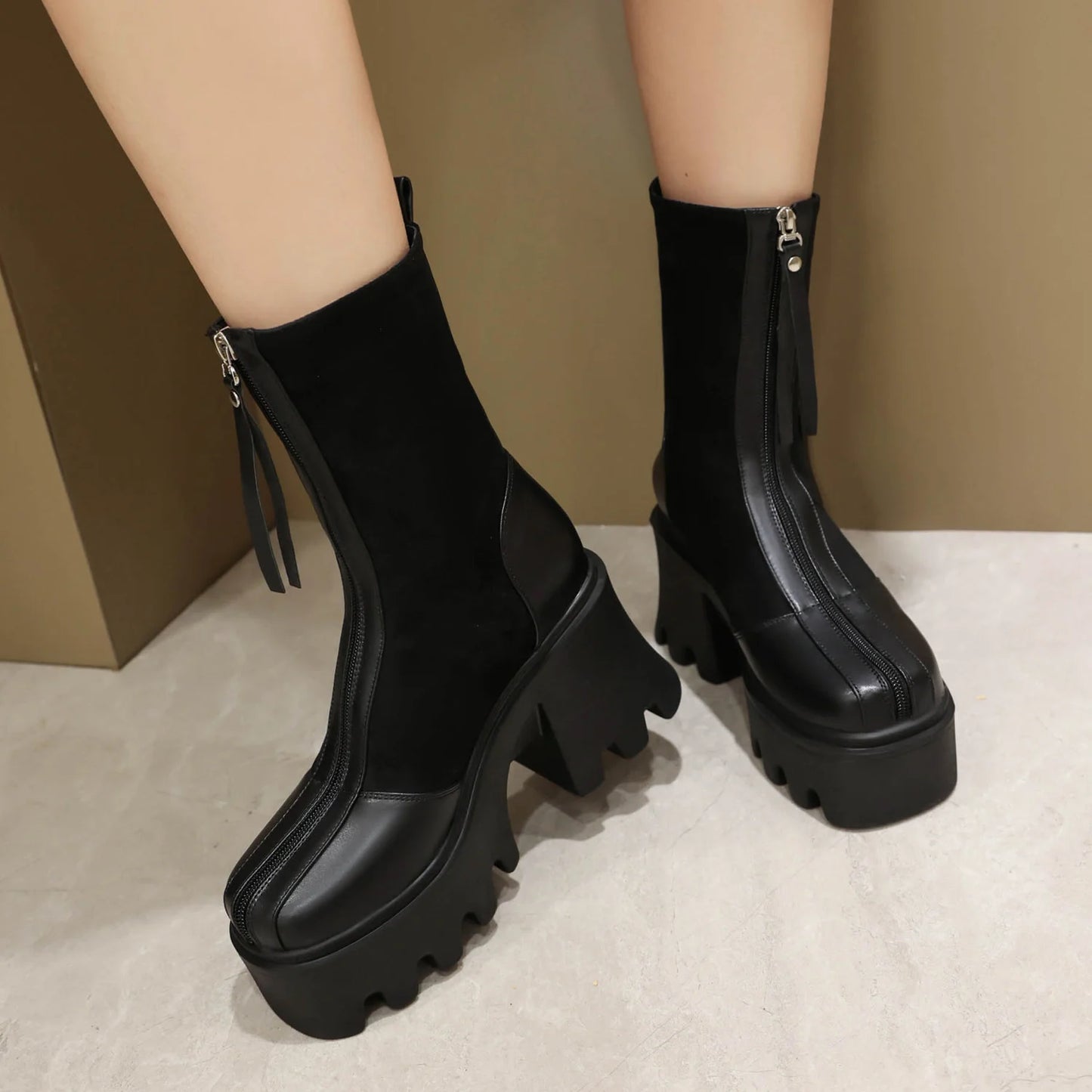 Frosted Flock Panel PU Punk Style Elevated Shoes Square Toe Ultra High Thick Heel Waterproof Platform Front Zipper Women's Boots