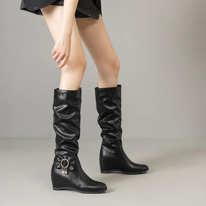 Round Toe Slope With Plush Lining Winter Snow Boots With Metal Buckle Pearl Bow Slip-On Height Increasing Knee High Boots