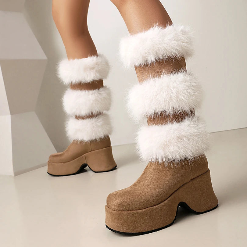 Matte Velvet Patchwork Fur Round Toe Thick Sole Sponge Cake Heel Thick Plush Fur Boots Slip On Height Increasing Knee High Boots