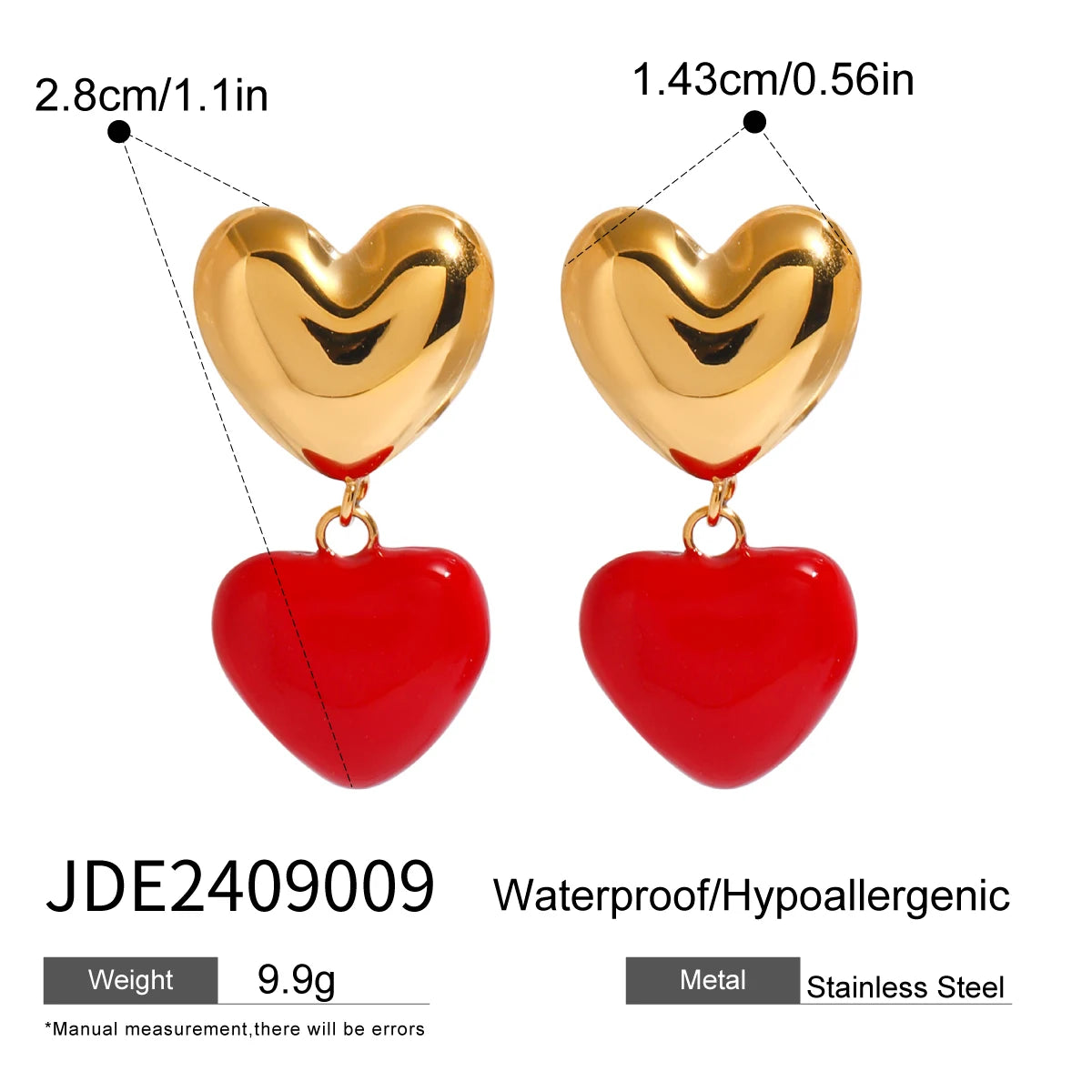 Youthway Red Oil Drip Heart Love Drop Dangle Amour Earrings Stainless Steel Waterproof Metal Fashion Daily Charm Jewelry Women